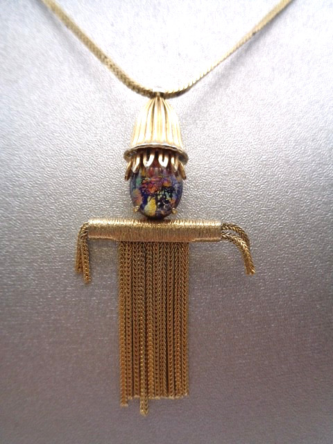 Vintage Signed WARNER Foil Art Glass Scarecrow Dangling Foxtail Pendant Necklace