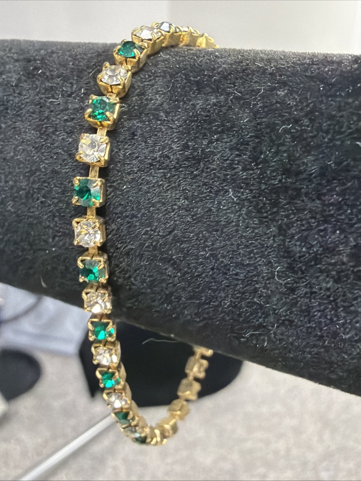 Vintage Eternity Alternating Emerald and Crystal Gold Plated 6.5” Bracelet