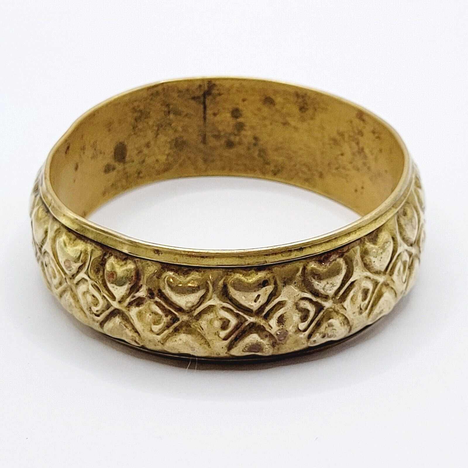 Wide Brass Chunky Bangle Embossed Heart Pattern Vintage Bracelet 8 Inch Approx