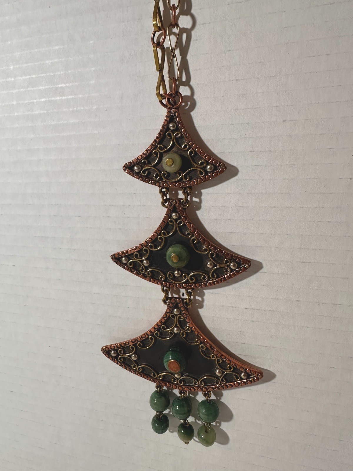 Vintage Casa Maya Mexico Statement Necklace Copper Brass Green Onyx Book Piece