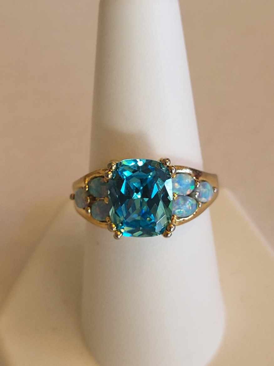 Sterling Silver Vermeil Aqua Blue Gemstone & Opal Bracelet Ring Necklace Parure
