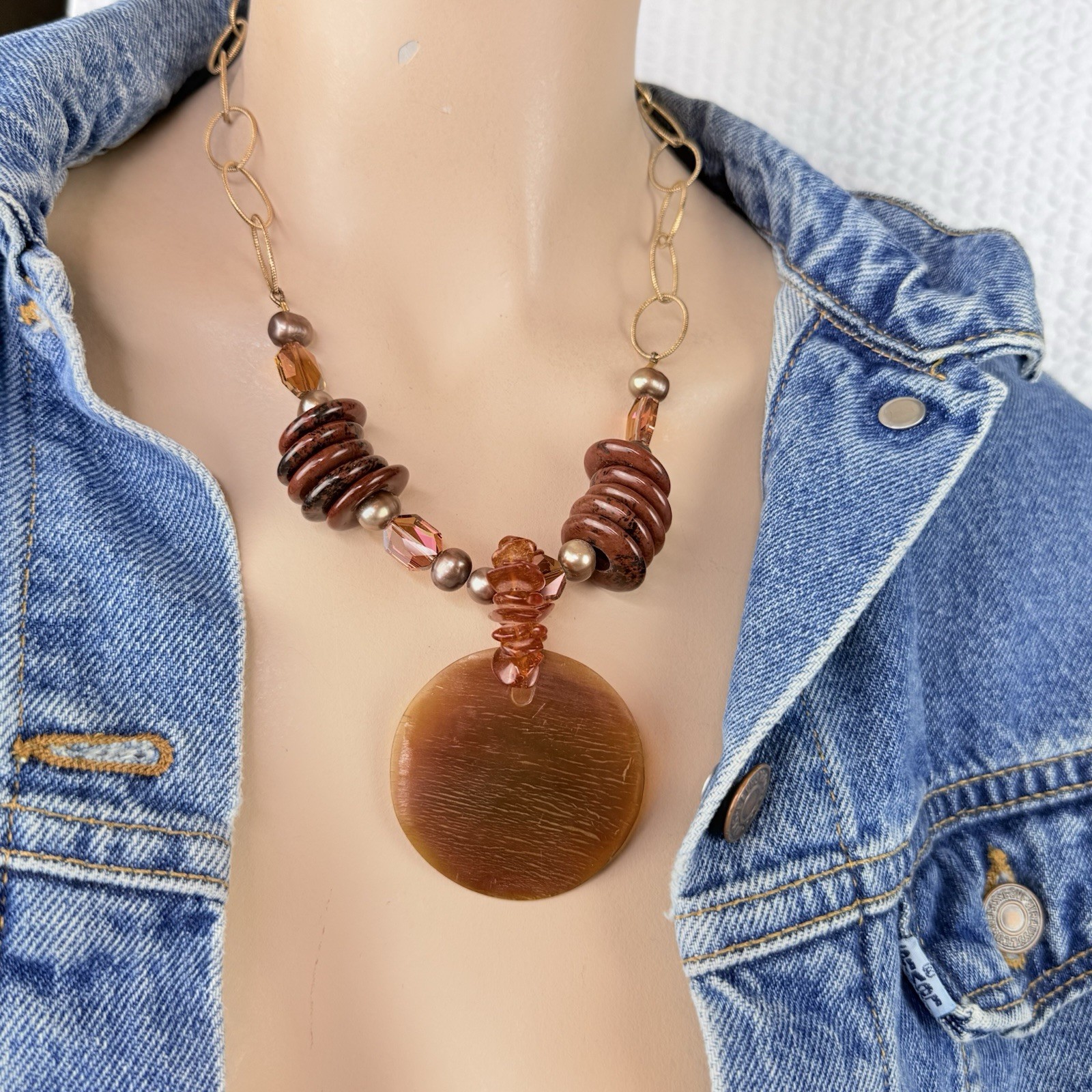 Vintage 14K Gold Filled Baltic Amber Pearl Chunky Chain Link Pendant Necklace