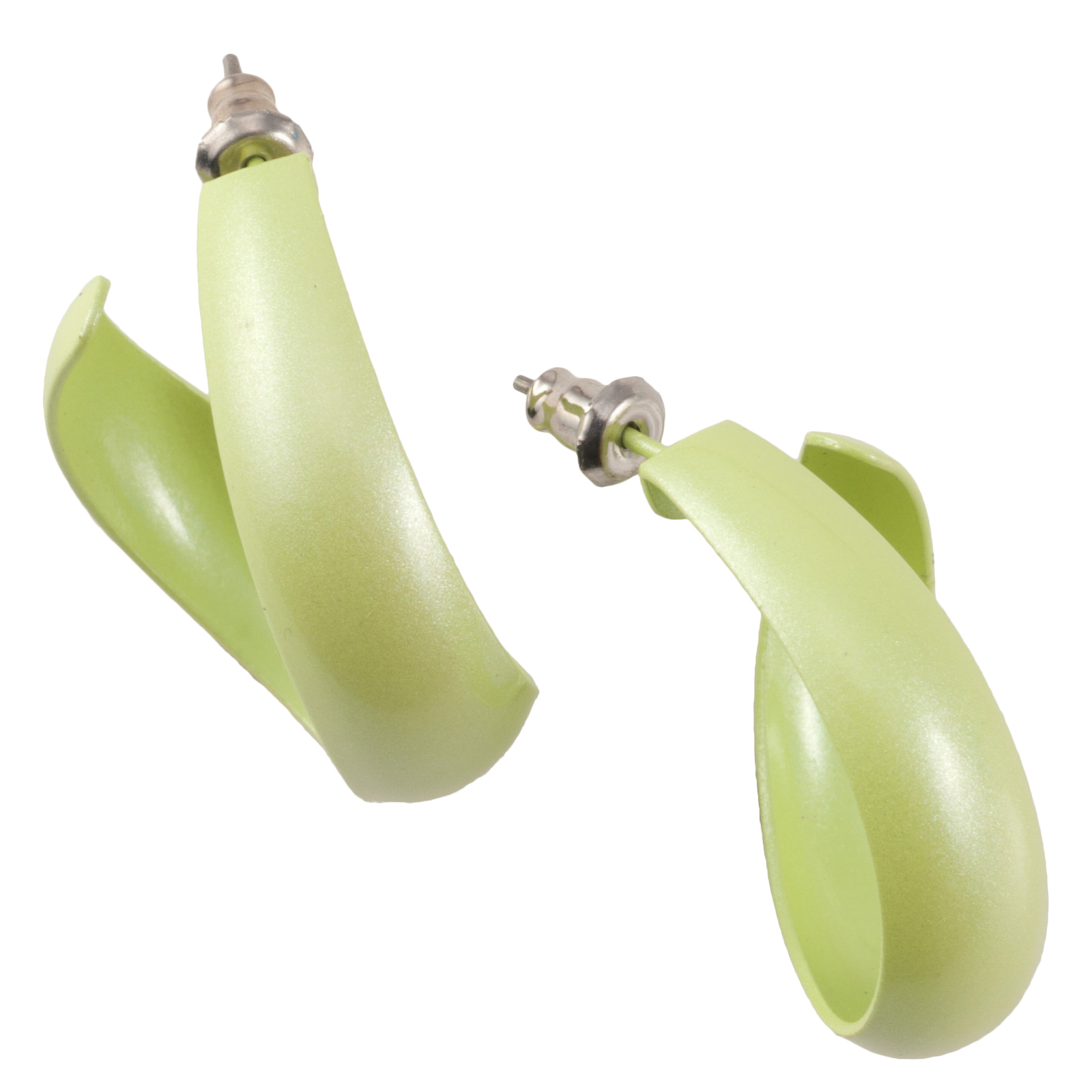 Pastel Lime Green Enamel Curved Hoop Pierced Earrings 1″ 1980s Retro