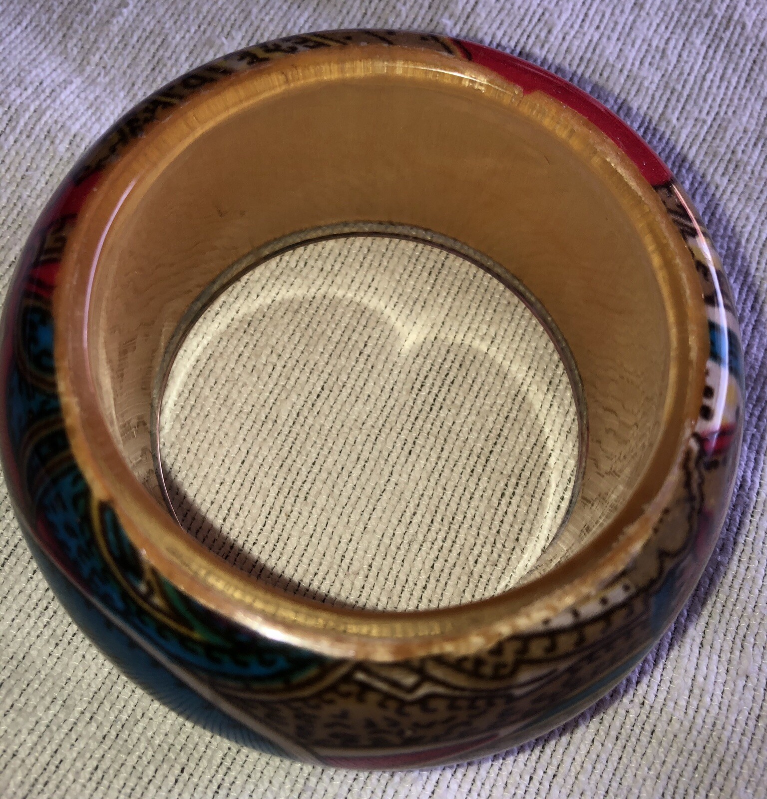 Vintage Colorful Bangle Bracelet Wood And Fabric Under Lucite