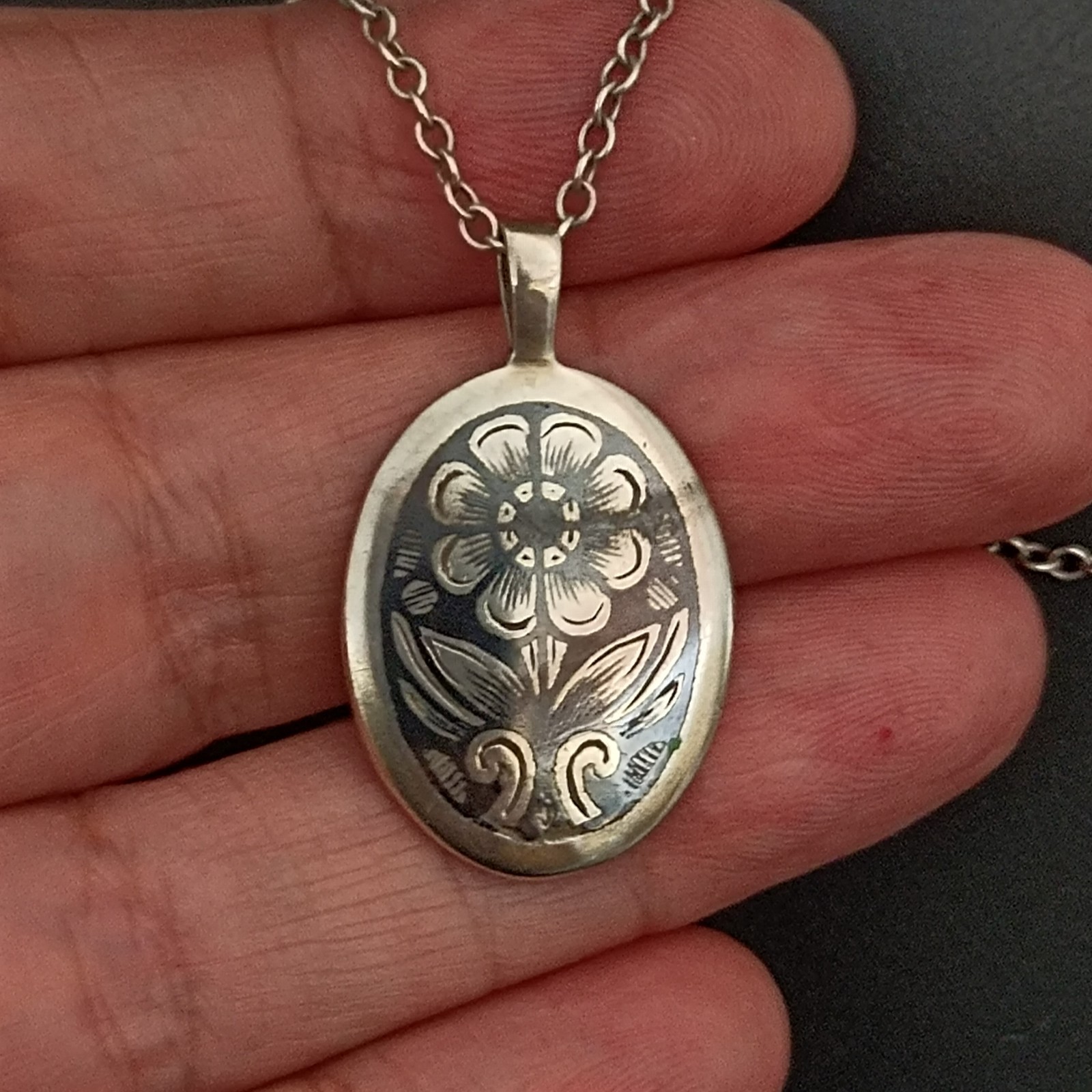 Russian Niello Necklace Silver 875 Floral Oval Traditional Pendant Vintage Long