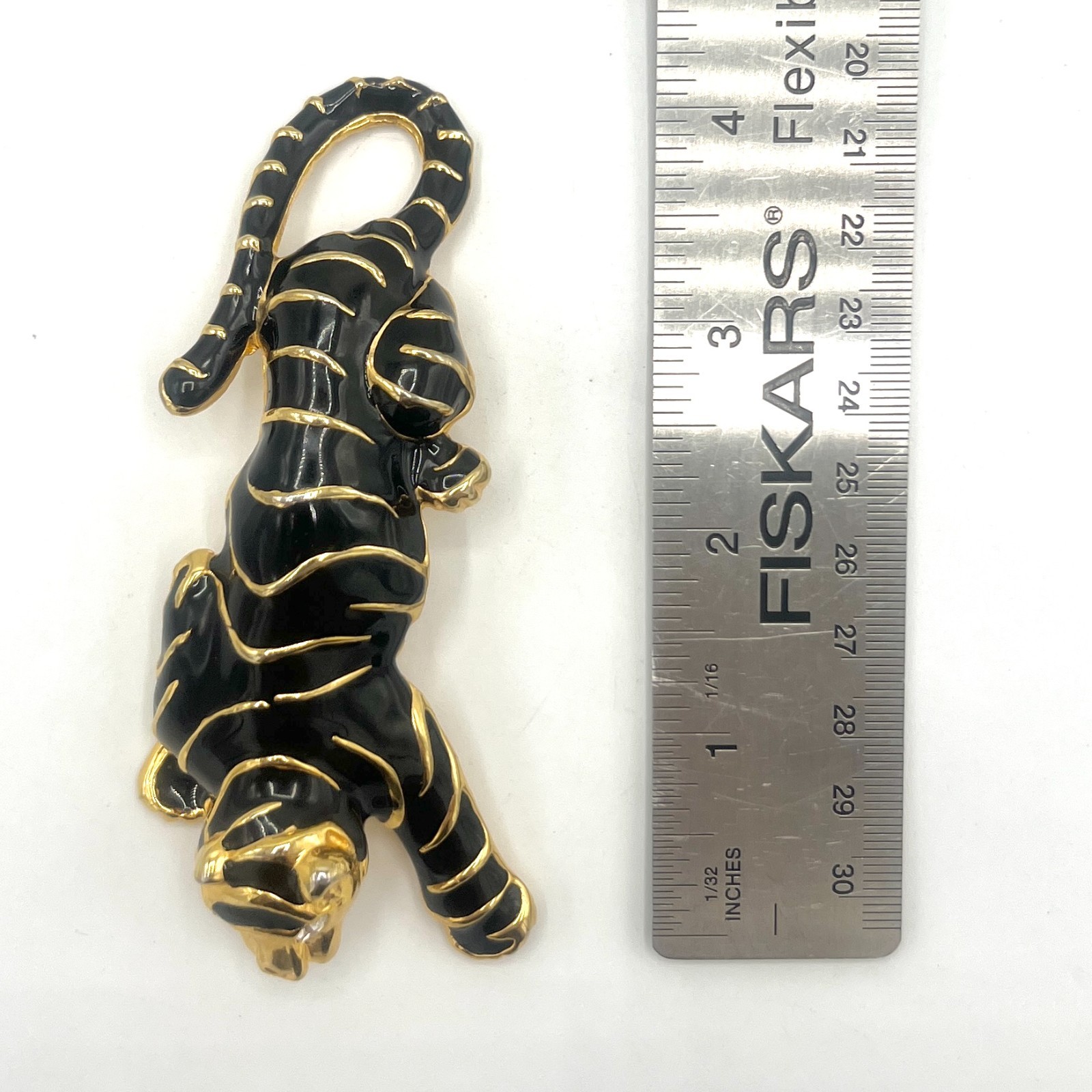 Vintage Black Enamel Tiger/Panther Brooch With Clear Rhinestone Eyes – 4.25″