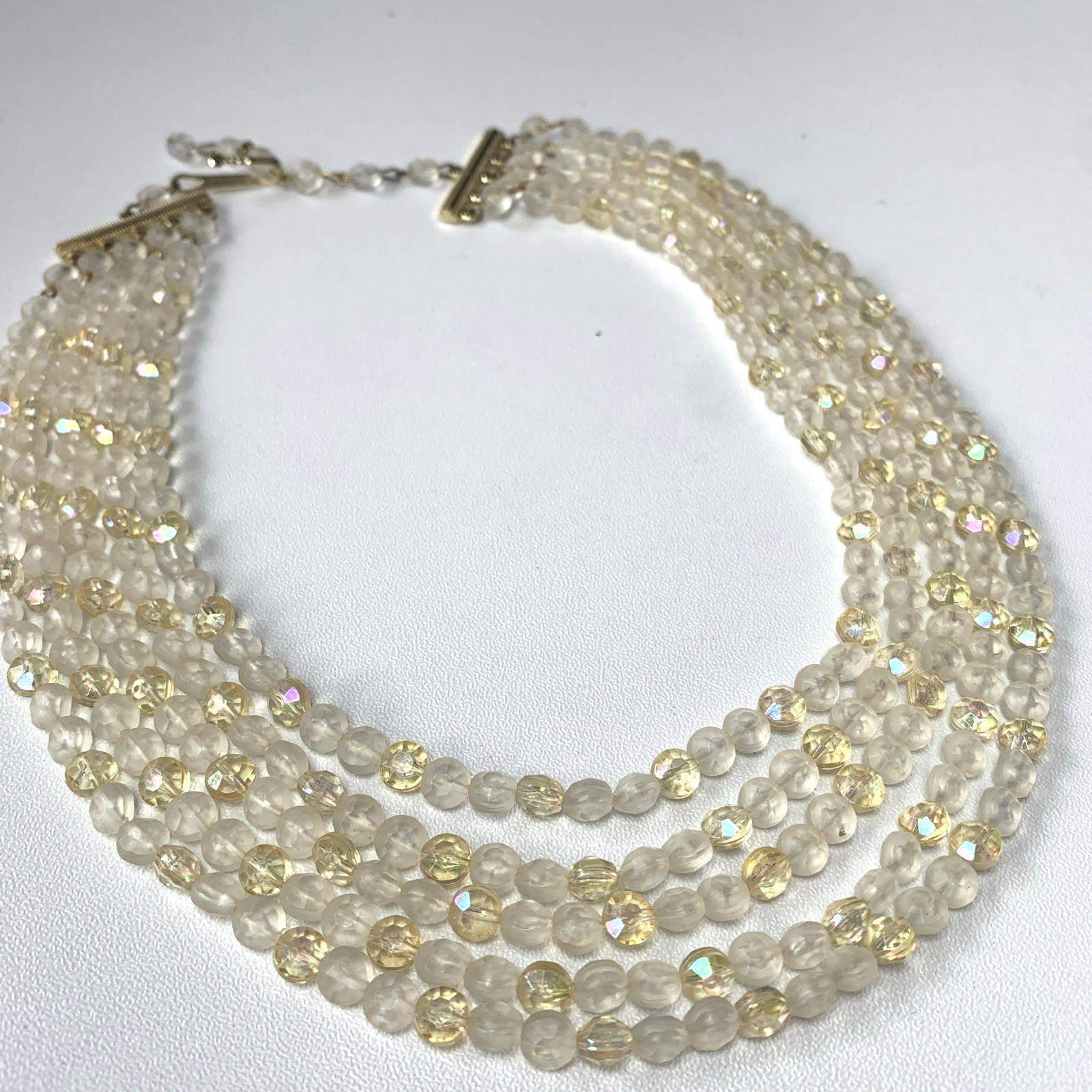 Vintage Germany Multi Strand Acrylic AB Bead Necklace Bib Fringe Choker