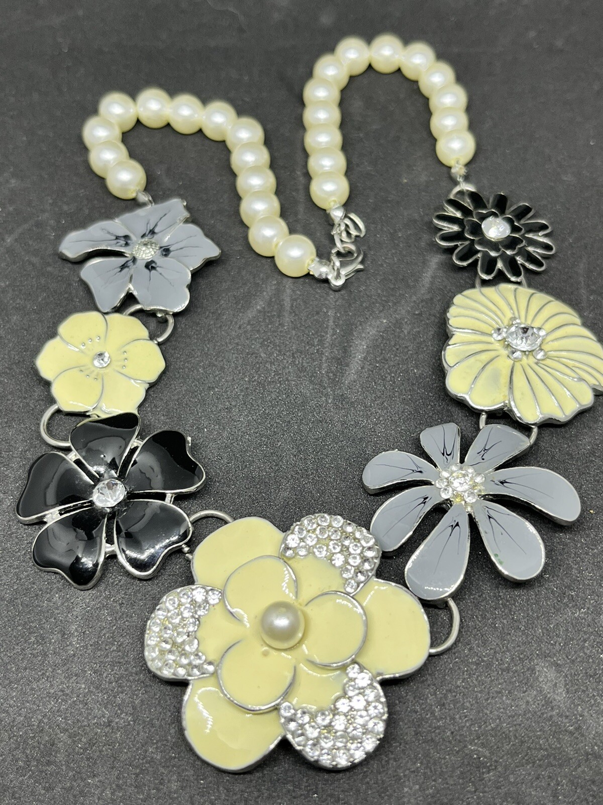 Cream And Gray Flowers With Rhinestones And Pearl Necklace