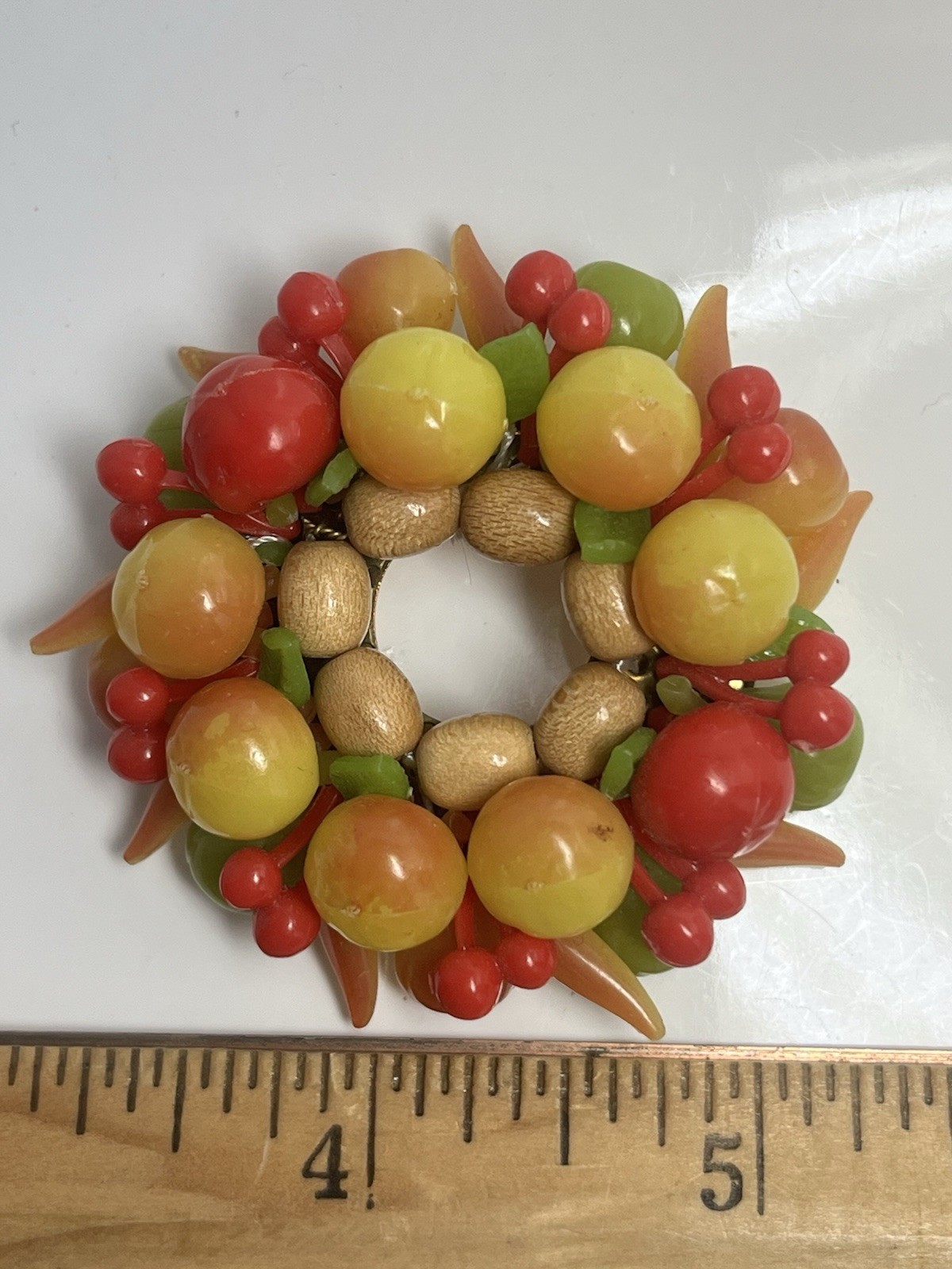 Lucite Plastic And Wood Fruit Salad Wreath Brooch Vintage West Germany