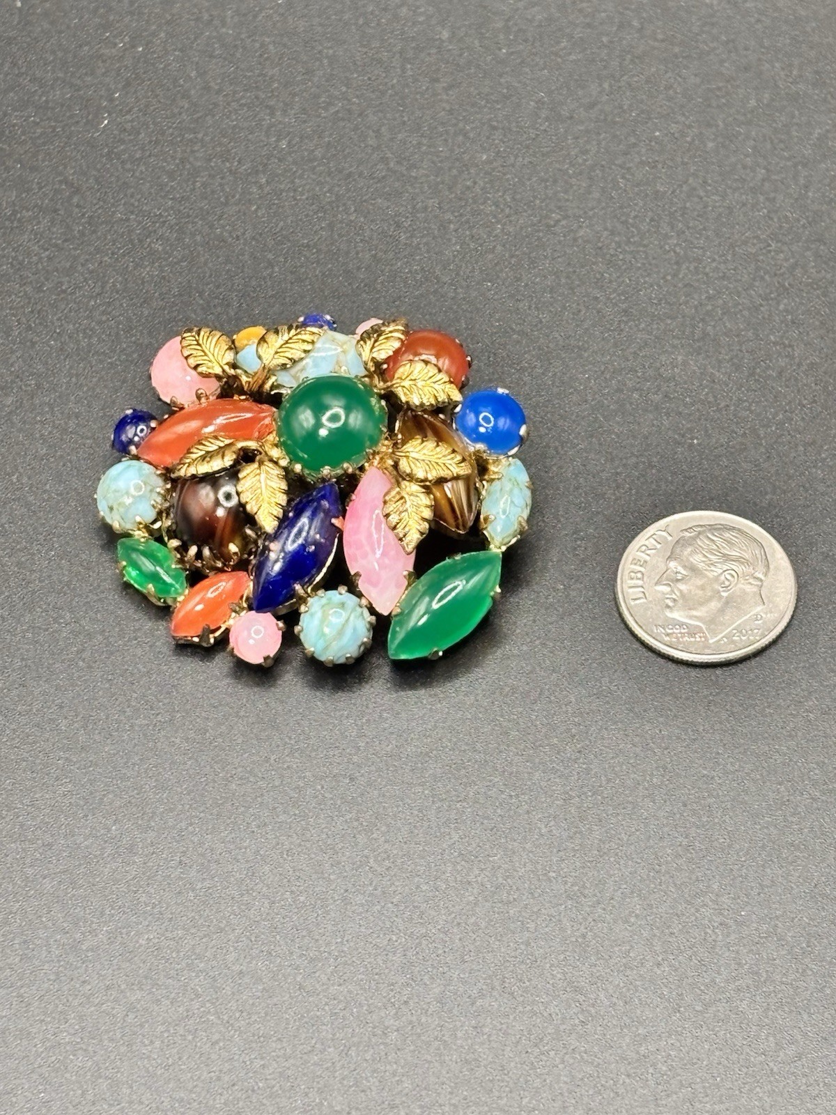 Vintage Czech Glass Multicolor Multi Shape Rhinestone Brooch Gold Tone Leaves