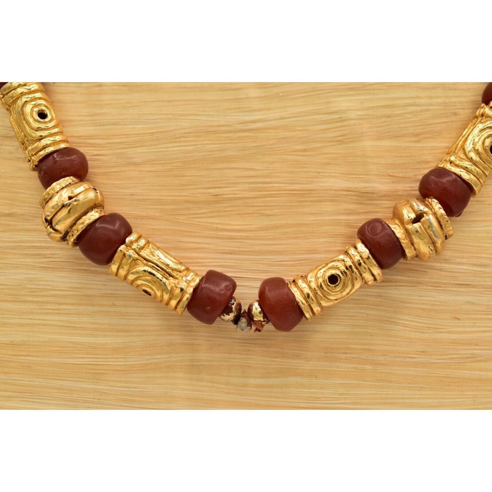 Vintage Beaded Necklace Brushed Gold Green Red Clay Tribal Chunky 1970s BinBN