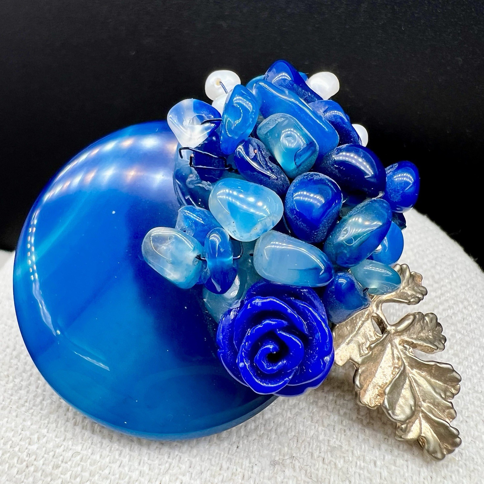 Vintage Blue Brooch Pendant Convertible Cobalt Cabochon Floral Cluster Bold Pin
