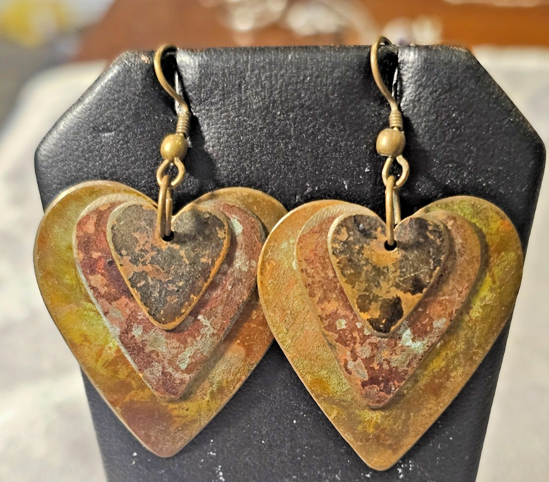 Vintage Patina Heart Earrings Layered Brass Hearts with Rustic Boho Finish