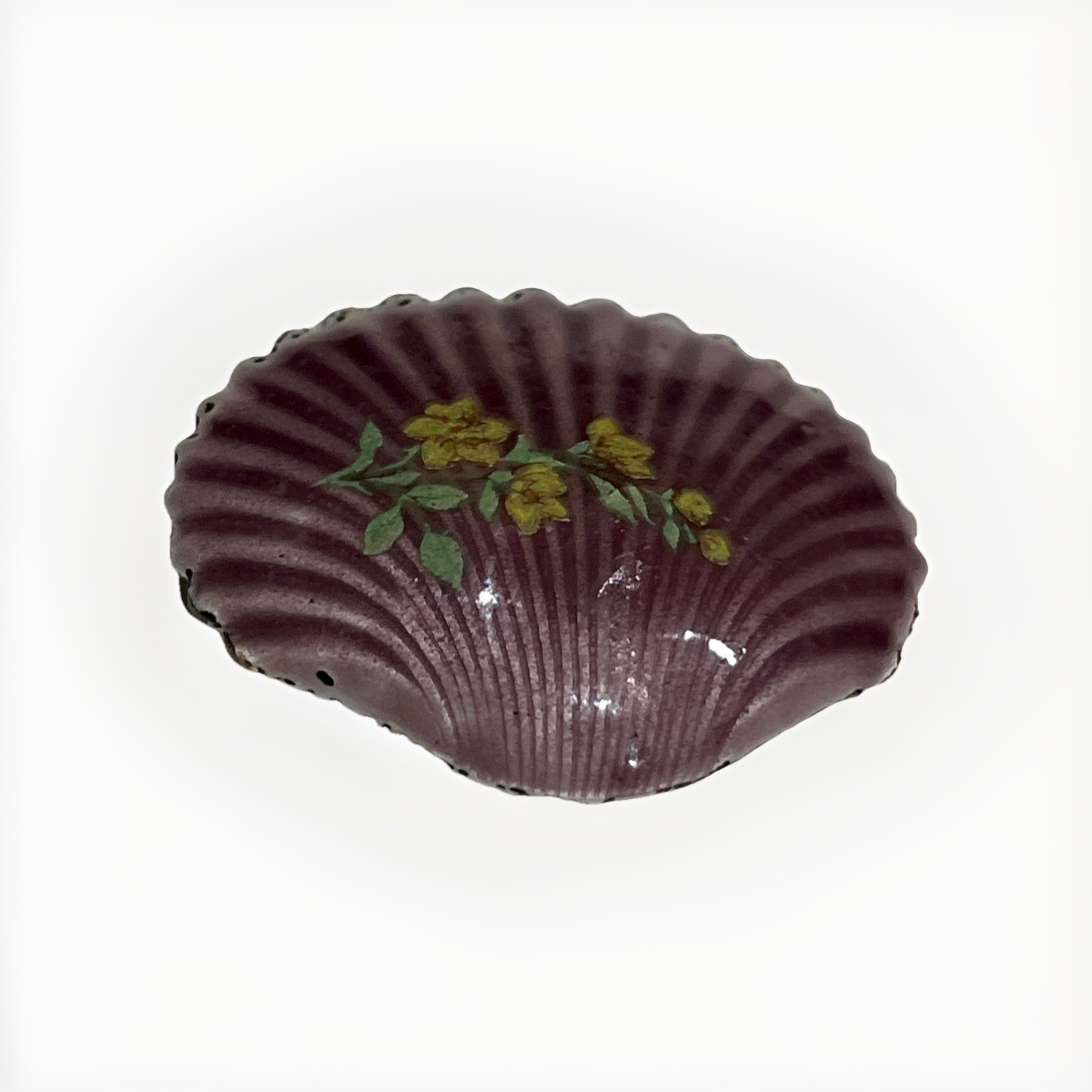 Vintage Enameled Sea Shell Brooch Pin Pretty Floral Bouquet On Purple Enamel
