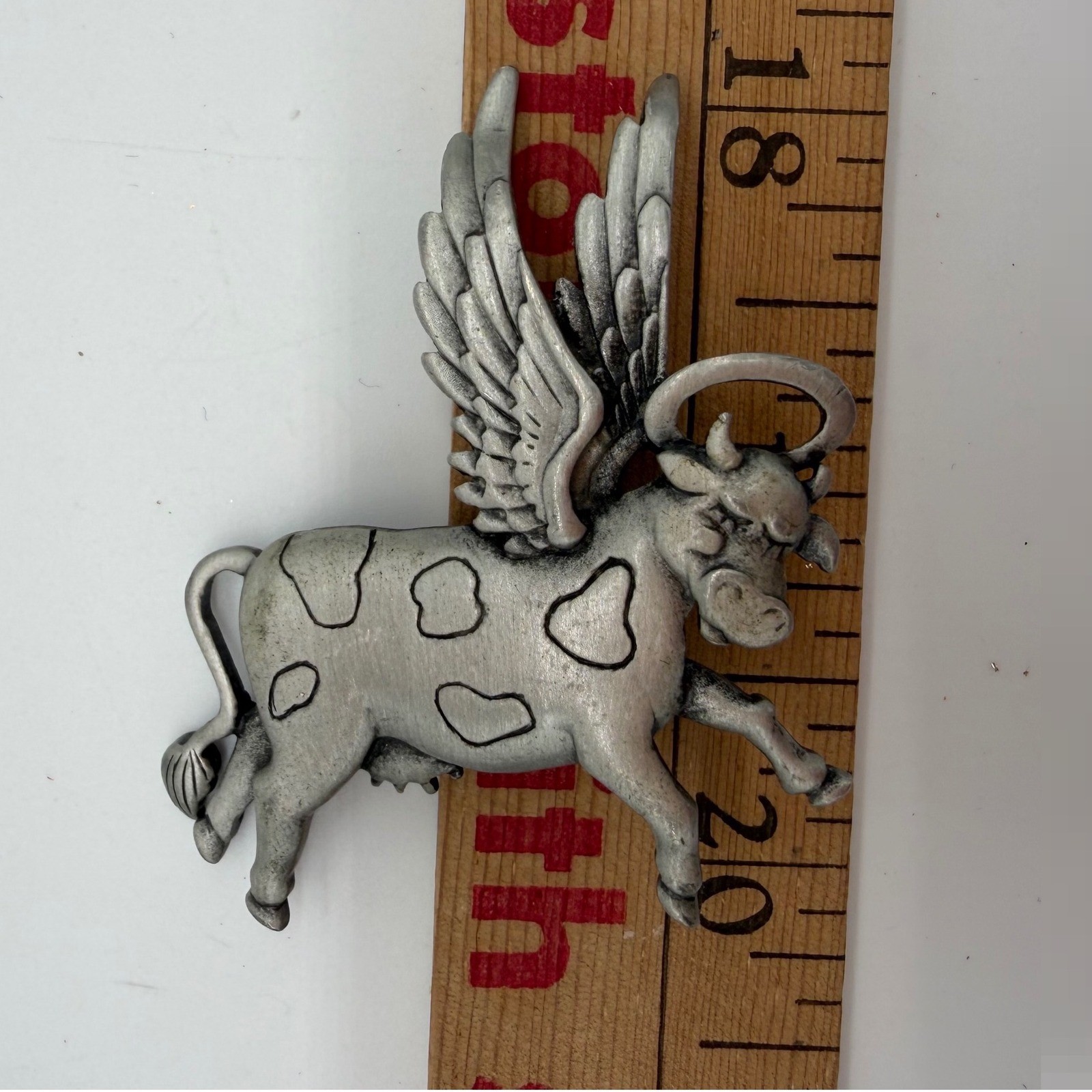 Brooch Flying Cow Signed JJ Vintage Pin Angel Wings & Halo Gold Tone