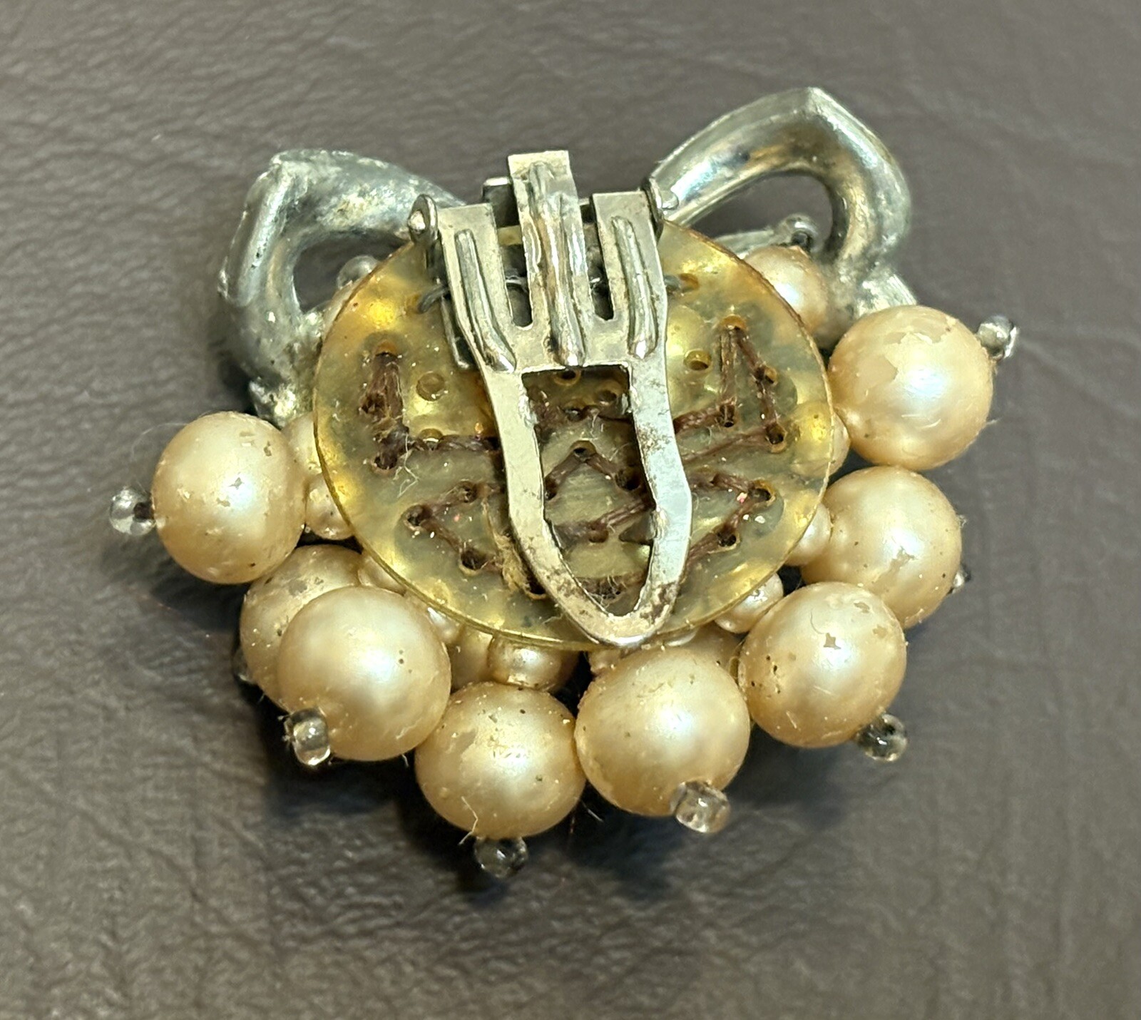 VTG Early Unsigned Haskell Dress Clip Bow Faux Pearl Rhinestone Silver Tone READ