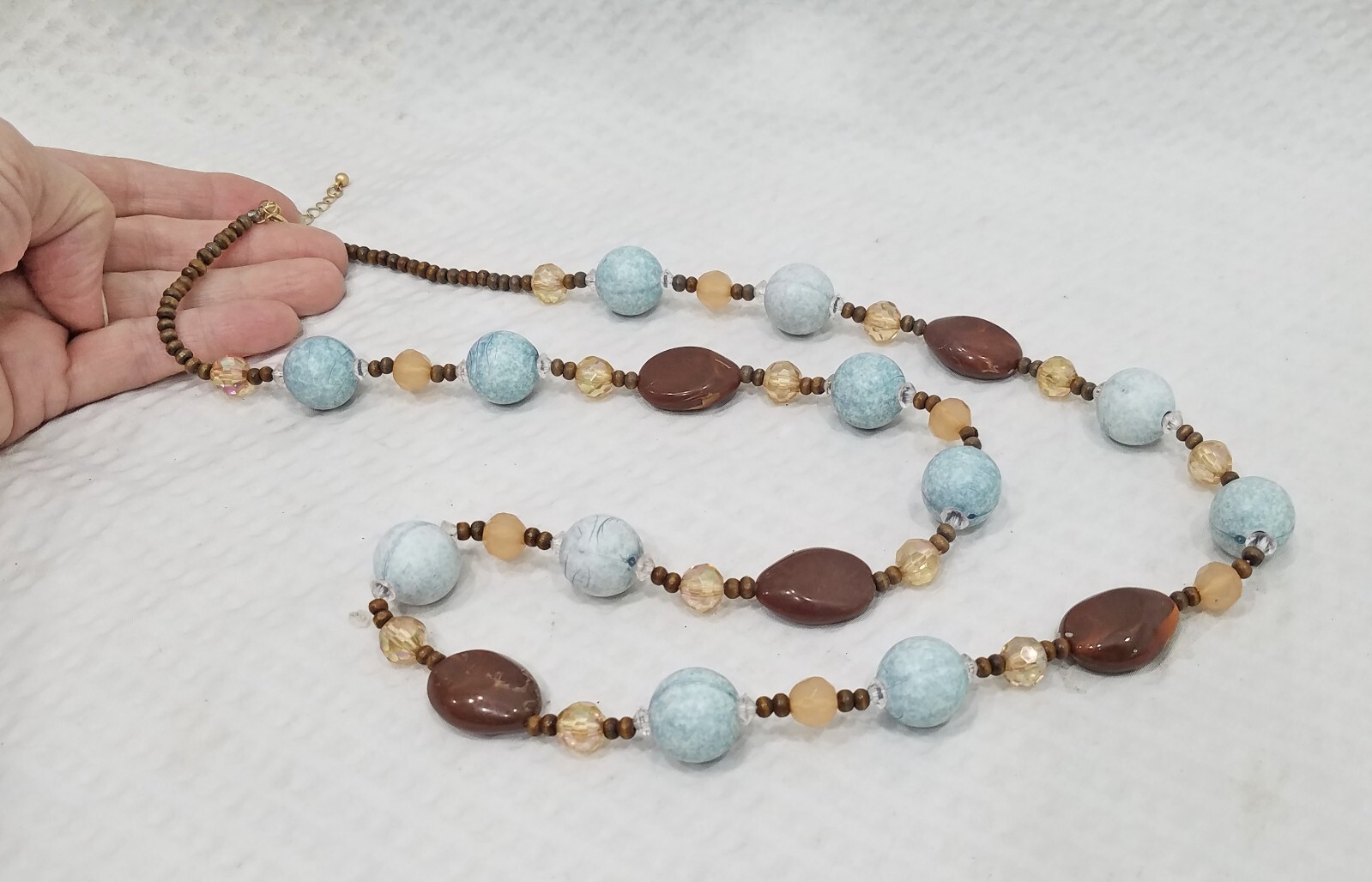 Acrylic Brown Beige Crystal Pale Aqua & Brown Seed Bead 36″ Long Necklace