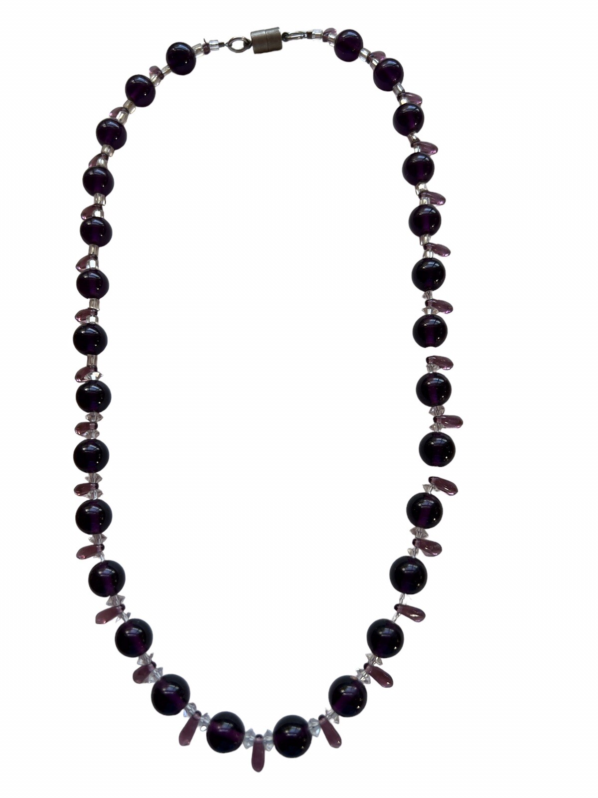 Vintage Amethyst Glass Bead Necklace Crystal Spacers Points Slver Tone Clasp B7
