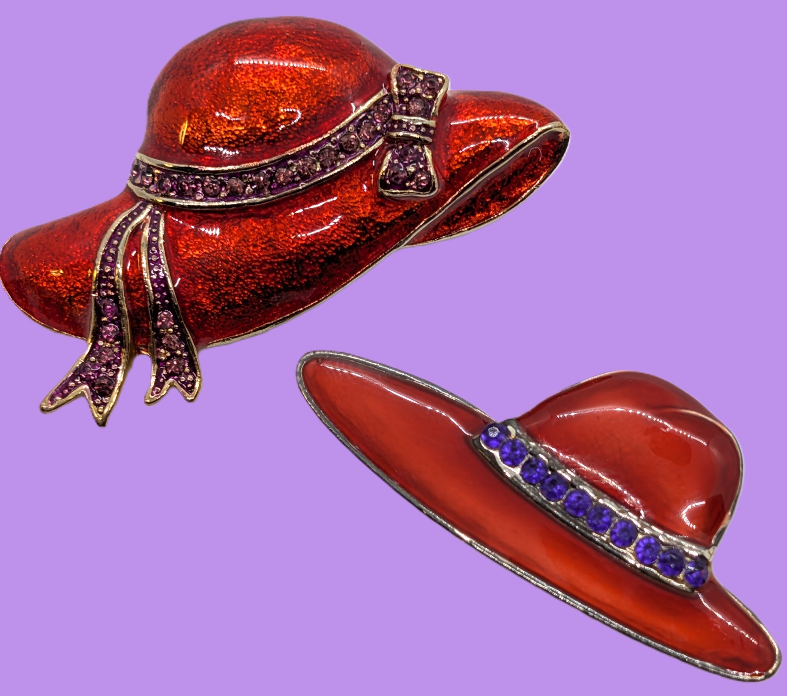 Vintage Red Hat Society Set of Two Red Enamel Purple Rhinestone Ribbon Brooches