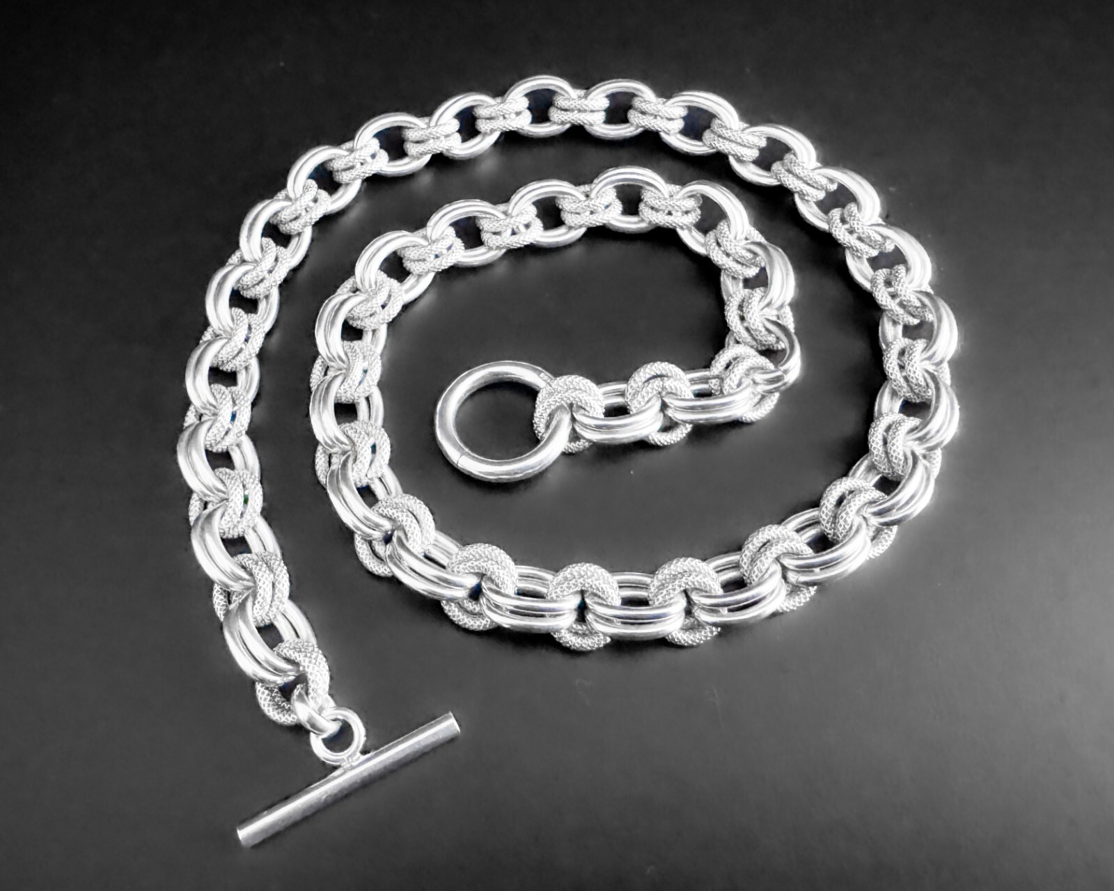 8mm 57g Heavy Double Fancy Textured Oval Rolo Link Vtg Sterling Silver Necklace