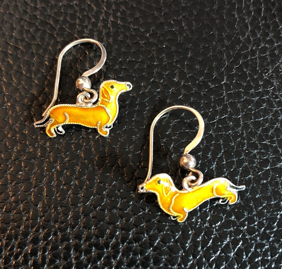 Vintage Sterling Silver Dachshund DOG Earrings Enamel Zarah Jul Pinkham 925 7794