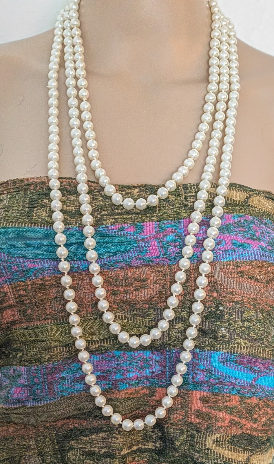 Vintage 94″ Knotted Glass Faux Pearl Rope Necklace Long Wrap Layered 1980s