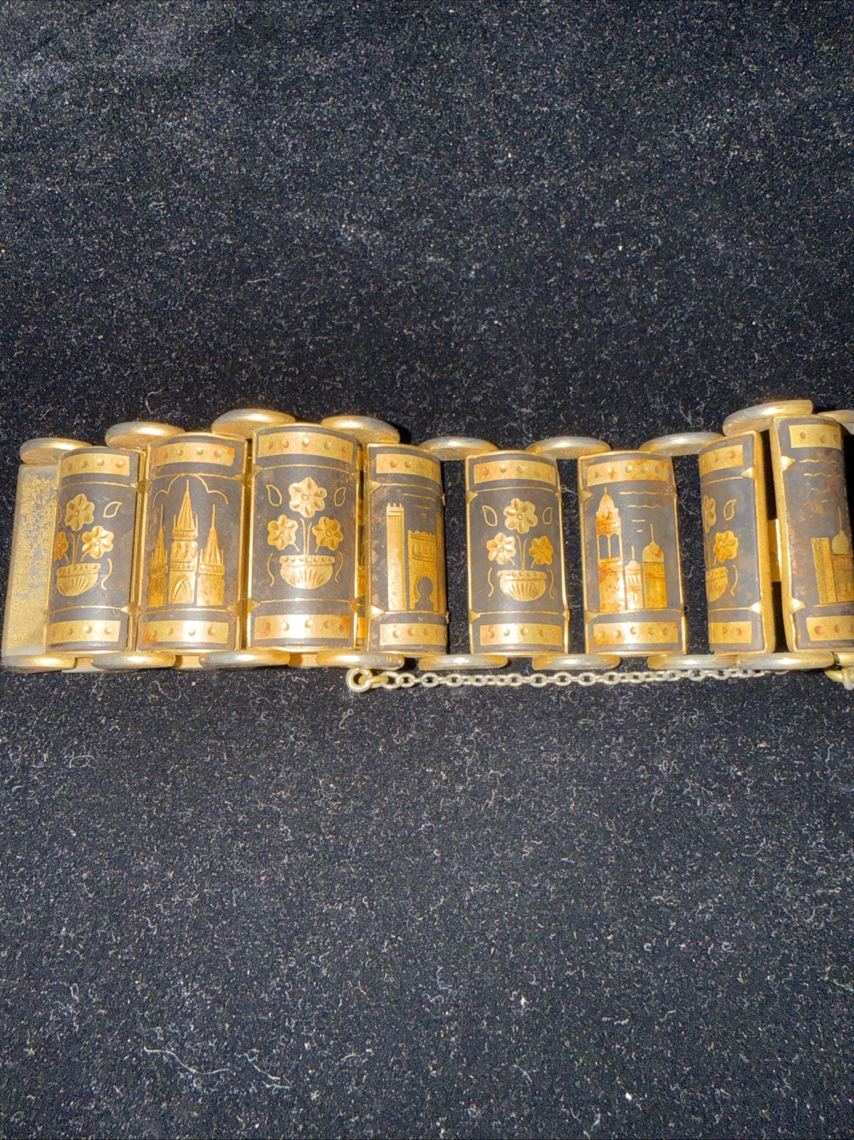Vintage Spanish Damascene Bracelet Floral And Buildings