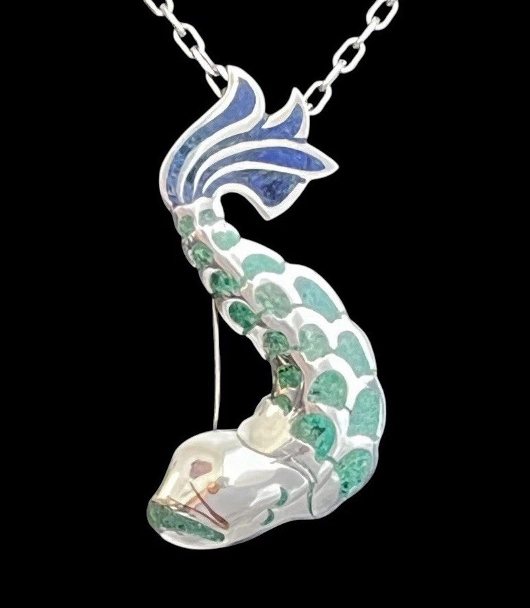 Vintage Los Castillo sterling silver crushed stone inlay fish pendant or brooch