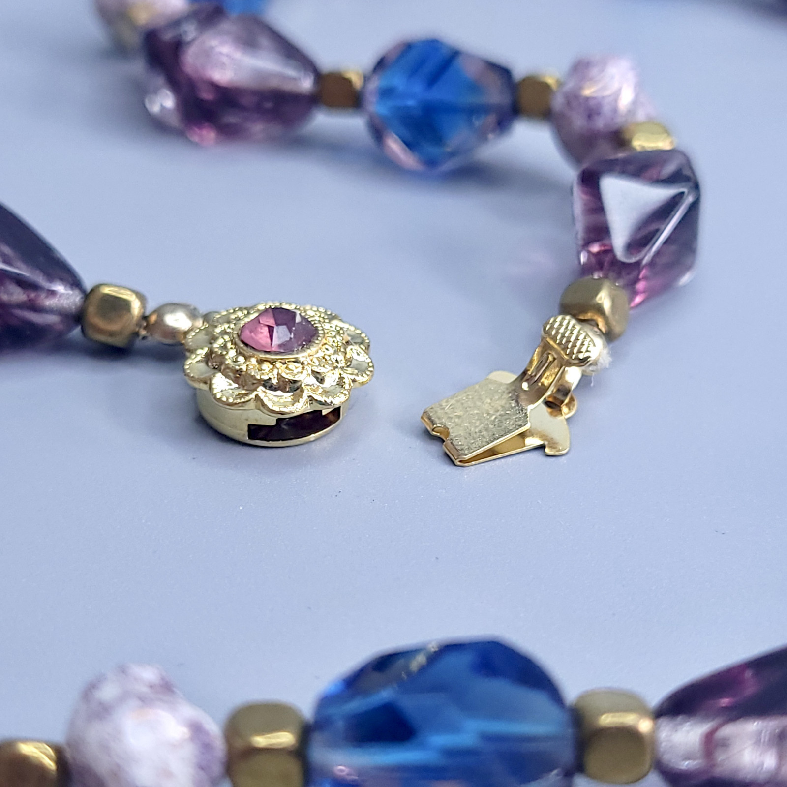 Necklace 20” Blue and Purple Glass Czech Vintage Beads Women`s Jewelry