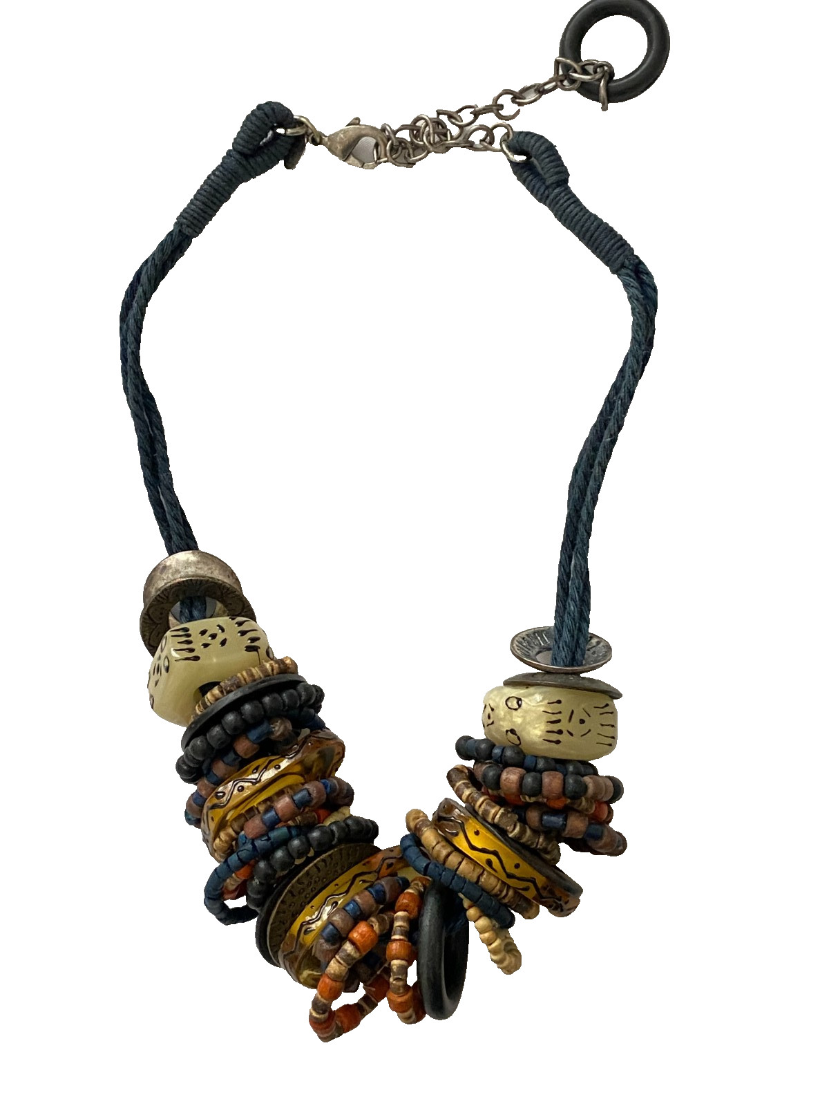 Chico’s ~ Chunky Blue Cord Wooden Resin Metal Rings Beaded Necklace Boho Tribal