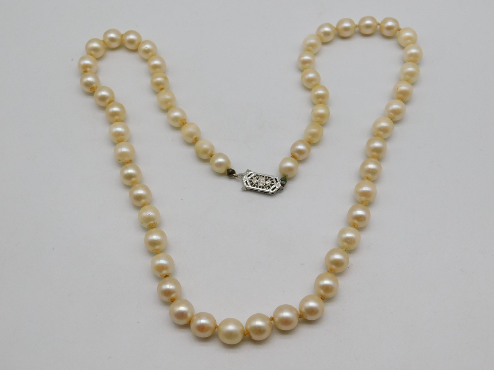 SWEET ART DECO 14K GOLD PEARL BEADED FILIGREE CLASP NECKLACE 18 3/4 L