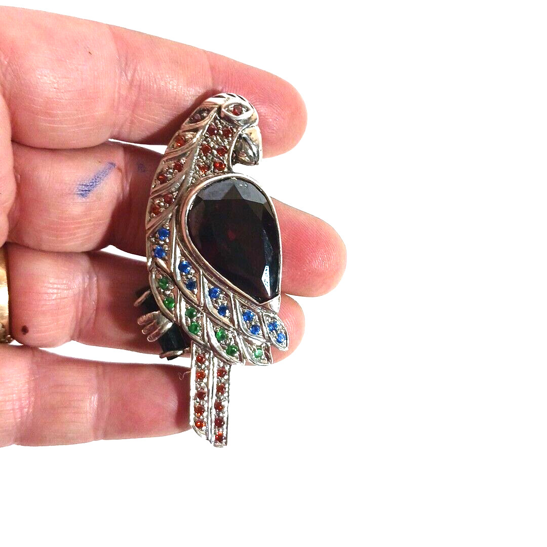 Parrot Figural Crystal Rhinestone Sterling Silver Necklace Pendant Colorful 2.75
