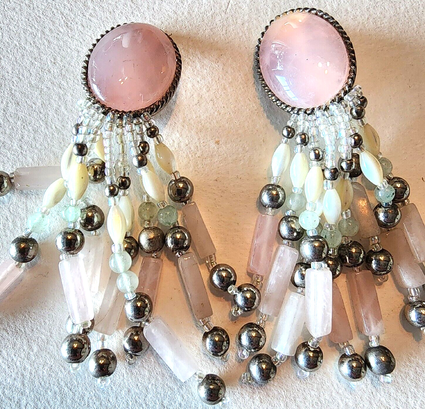 Boho Western Vintage Rose Quartz Cabochon Mother Of Pearl Bead Dangle Clip Gift
