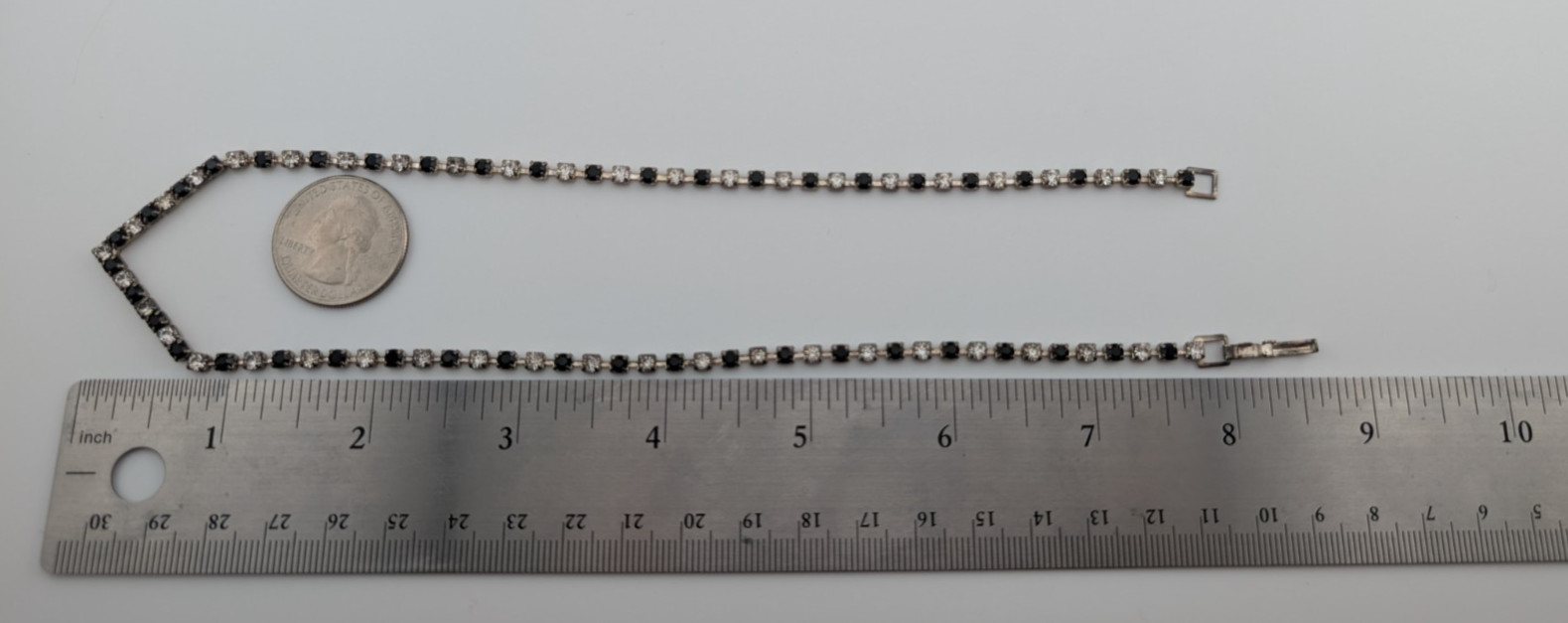 Vintage Silver Tone White & Black Glass Rhinestone V Point Necklace
