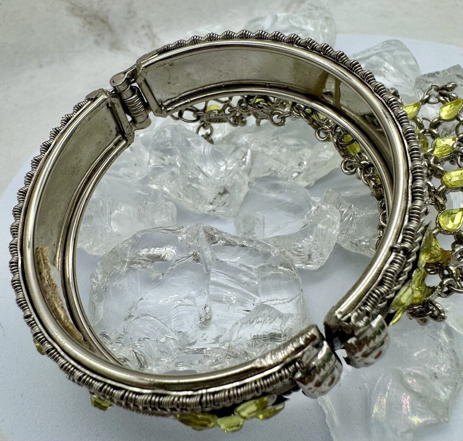 VTG Boho Slave Bracelet Bangle Peridot Rhinestones Sizeable Ring Chain Link