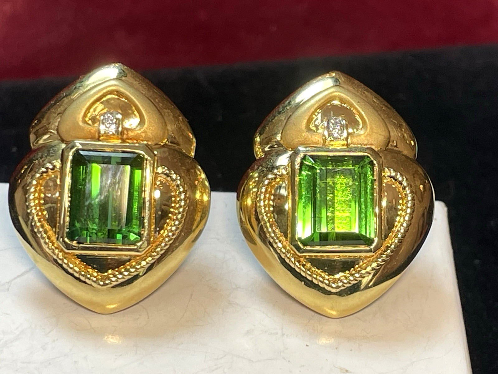 18K GOLD GREEN TOURMALINE & DIAMOND EARRINGS SIGNED OMEGA 23grs APPRAISAL $5,000