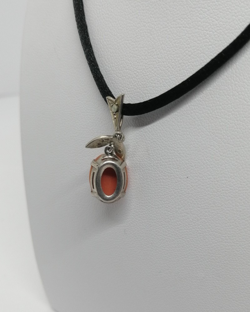 Antique French 800 Silver Pendant with Marcasite Stones and Coral Cabocho c.1920