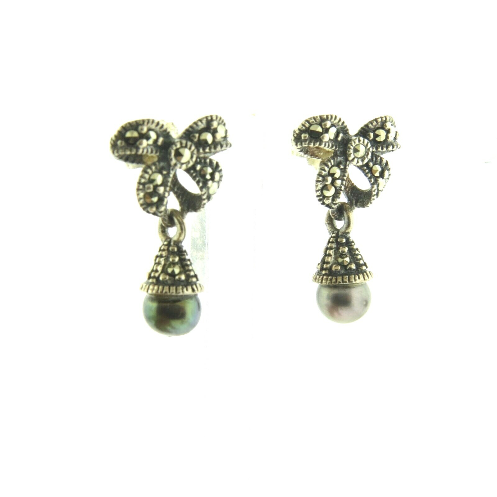 Vintage Sterling Silver Pearl & Marcasite Dangle Earrings .75″
