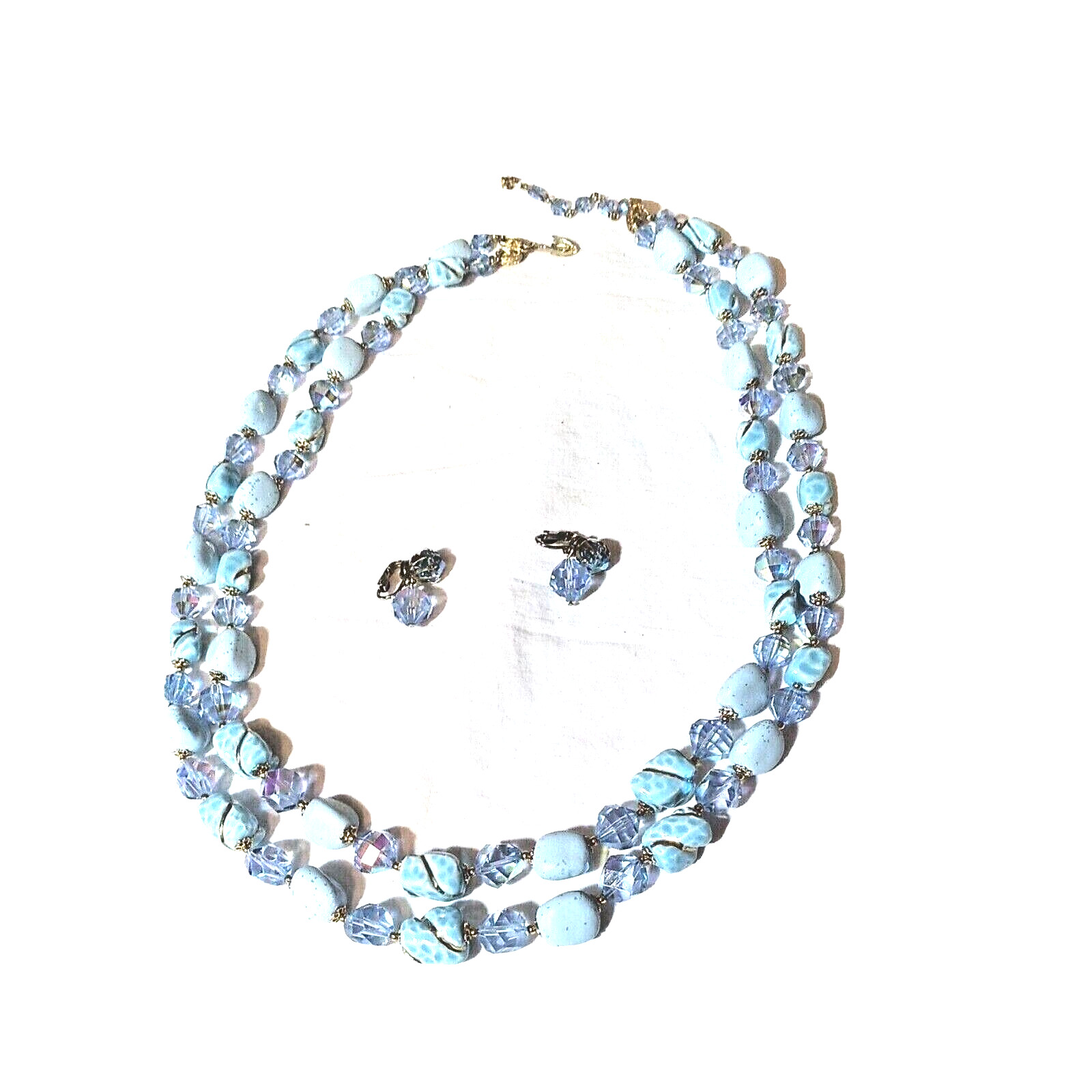 Vtg Vendome Blue 2 Strand Necklace and Earrings Set Crystal Faux Larimar beads