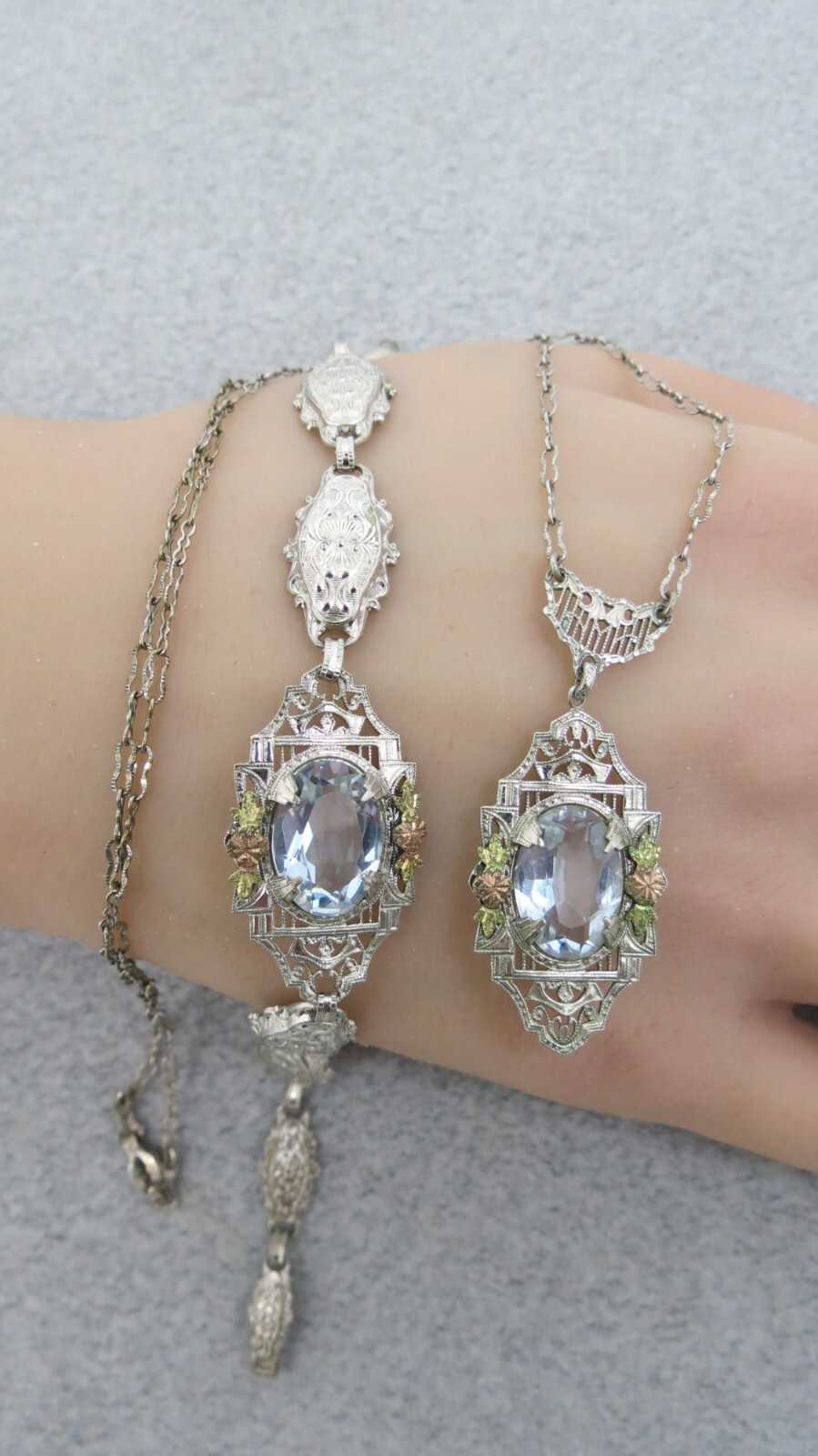 Antique Necklace Bracelet Silver Filigree Purple Stones Rose Gold Accent Flower