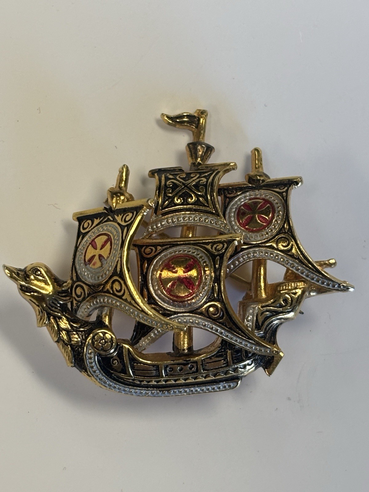 Vintage Damascene Ship Brooch Spanish Galleon Sailing Sail Boat Pin Spain