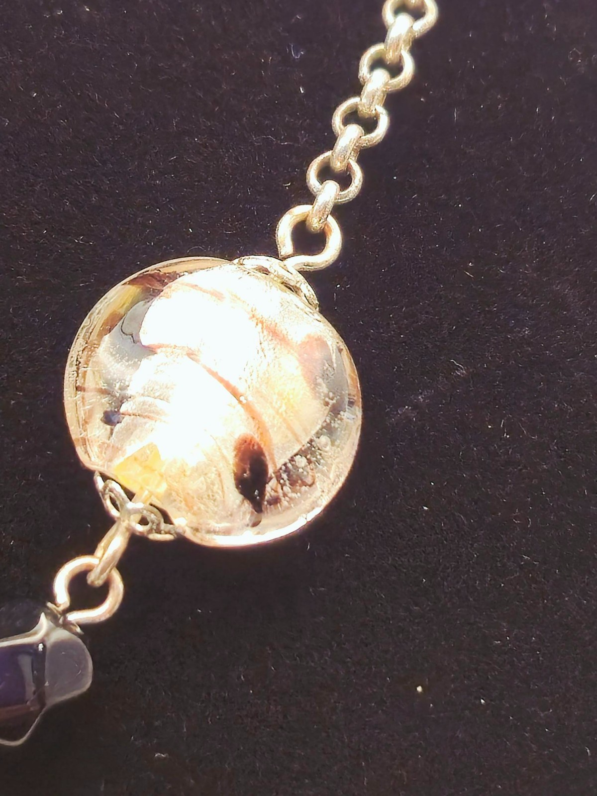 Vintage Art Deco Black Glass & Silver Foil Murano Style Bead Necklace