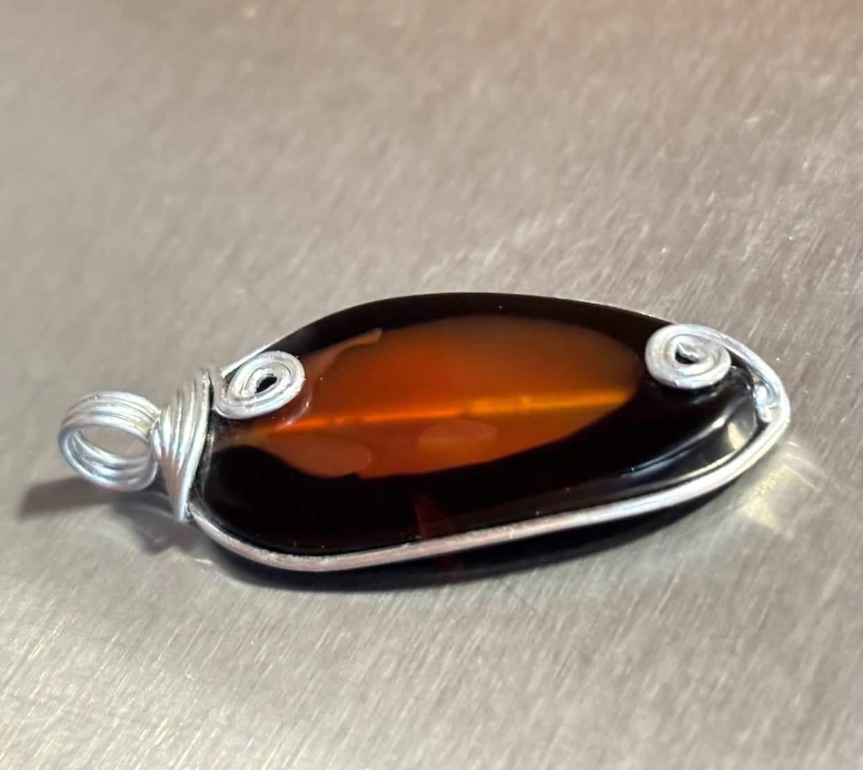 Handmade Wire Wrapped Pendant Dk Amber Orange Translucent Stone or Glass Artisan