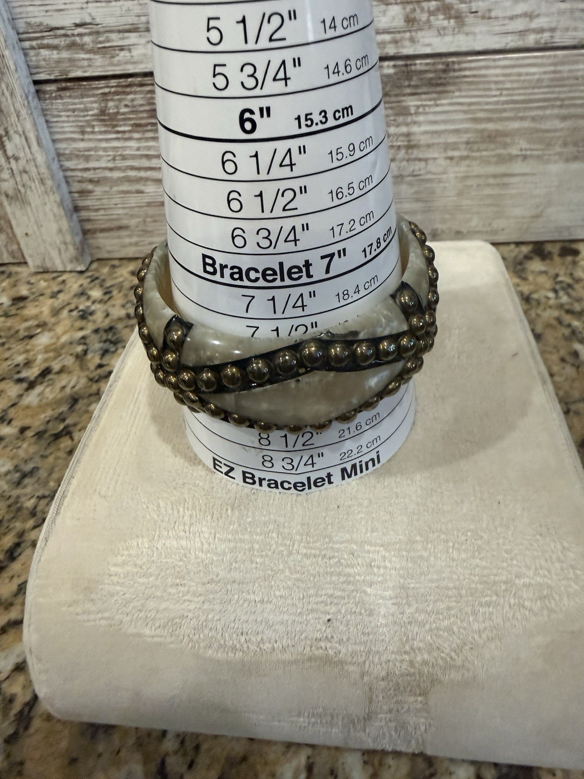 Off White Marbled Bracelet Brass Studded Bangle Boho Vintage 7.5”