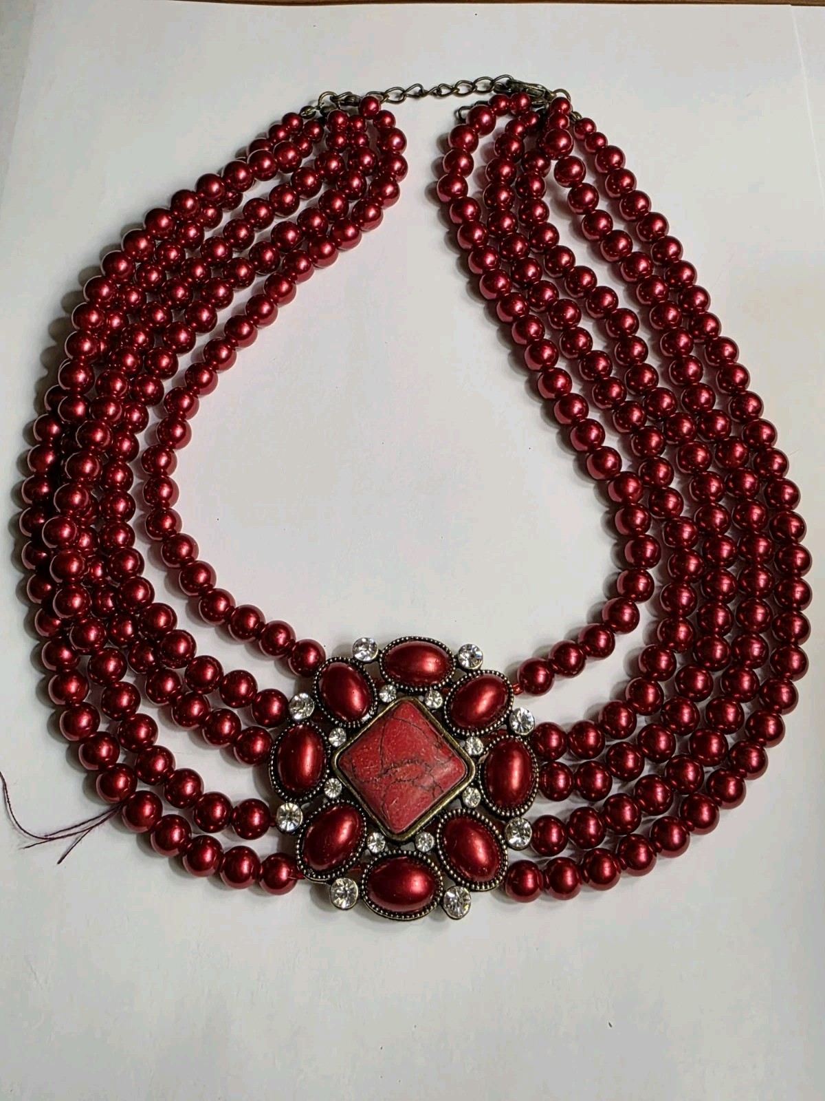 5 Strand Red Beaded Statement Necklace W/ Rhinestone Accent Adjustable