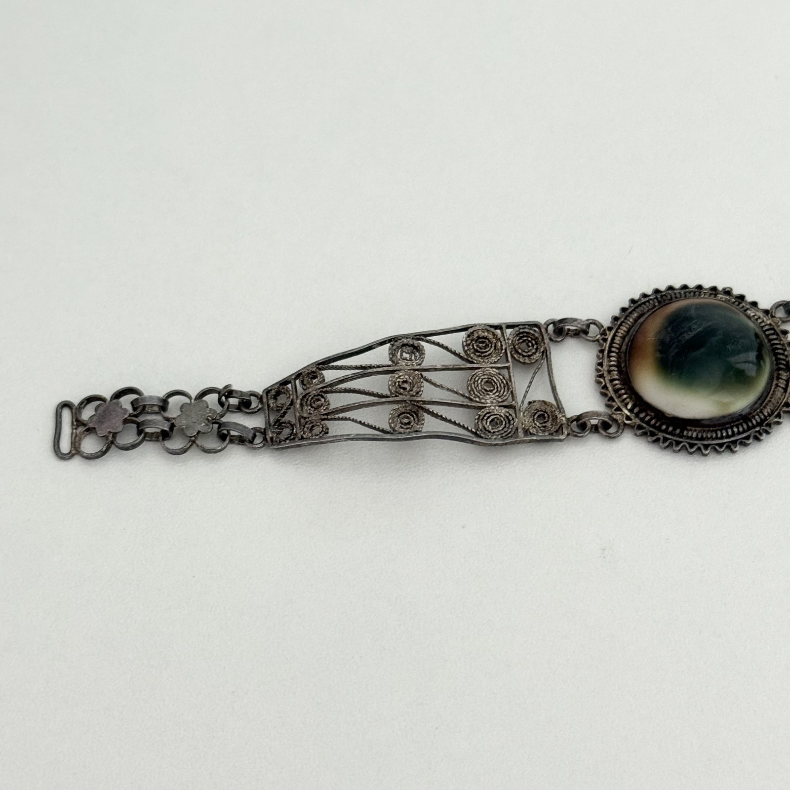 Vintage Sterling Silver Cannetille Filigree Operculum Shell Unique Bracelet 7″