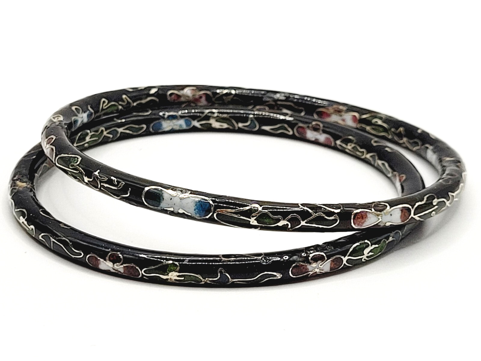 2 Cloisonné Asian Inspired Black Dark Shiny Floral Hand Painted Bangle Bracelet