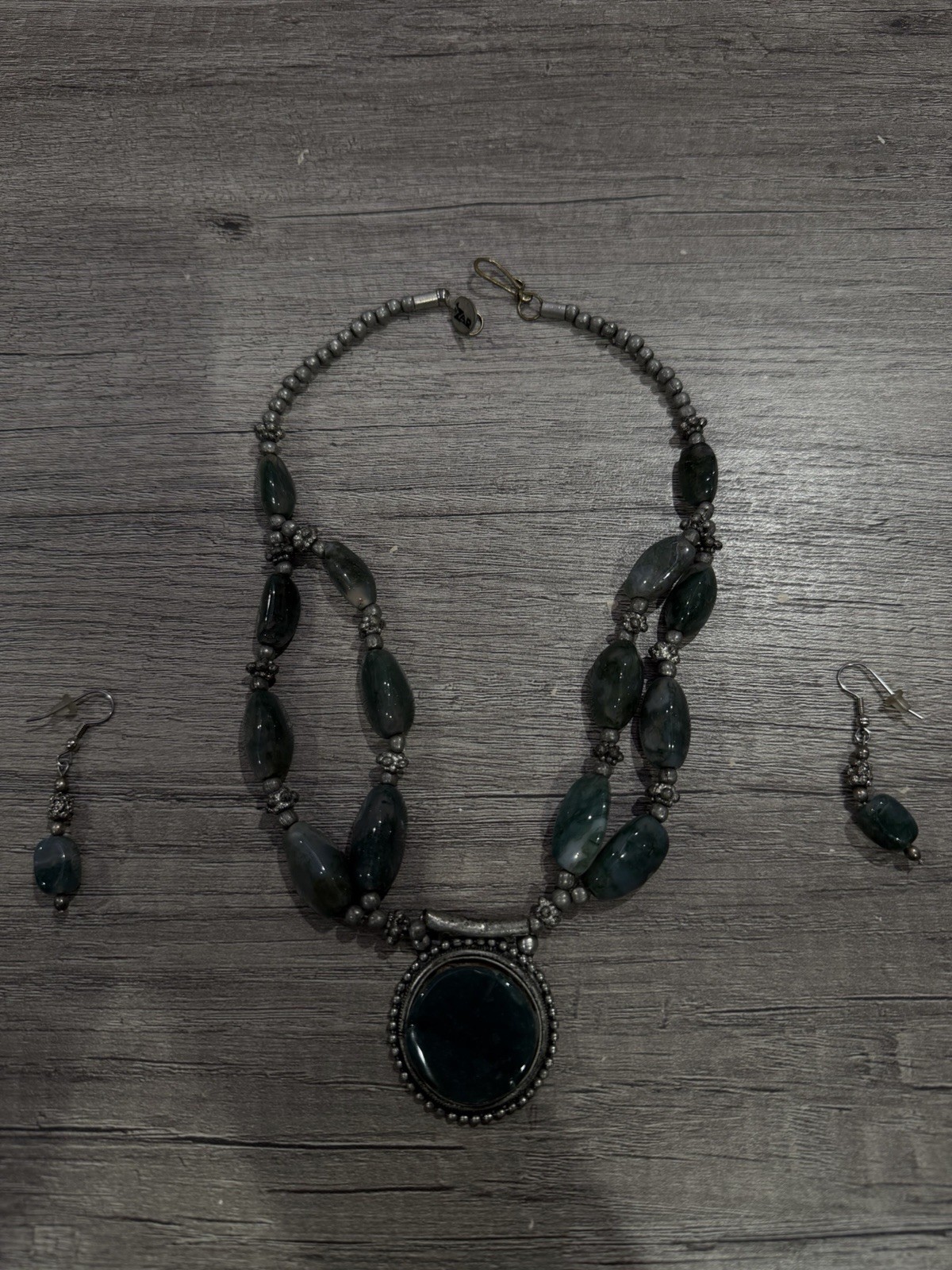 Dark Green Silver Beaded Jewelry Set Necklace & Earrings Round Beads Metal