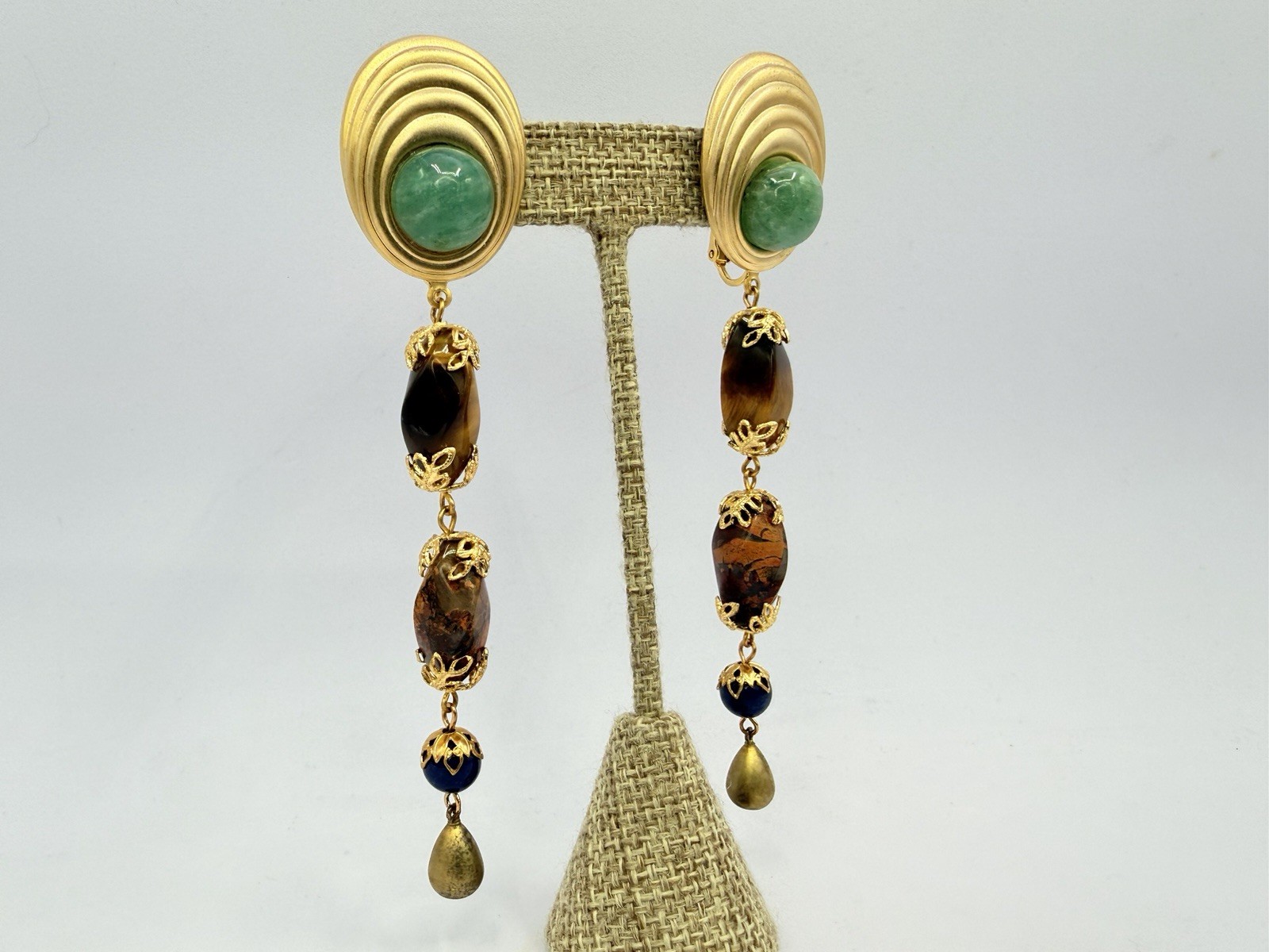 Vintage Gold Green Red Brown Long Gemstone Bead Dangle Earrings RO-DO NOS PY
