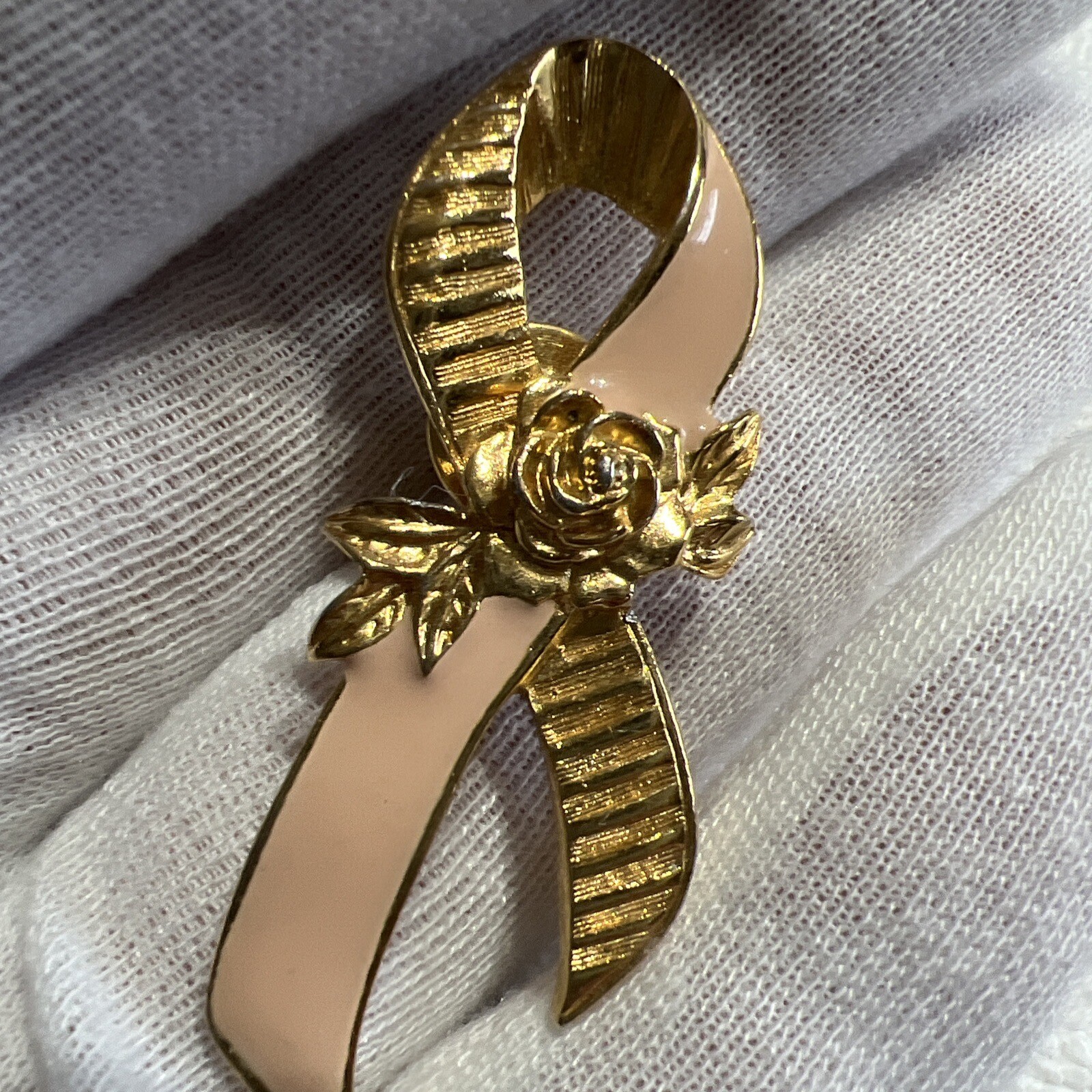 Avon Breast Cancer Lapel Pin Pink Ribbon Rose Gold Plated Enamel Stamped VTG